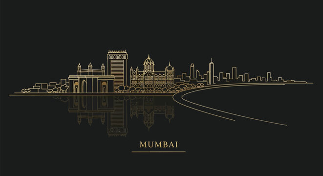 Gold line illustration of Mumbai city skyline at night with reflection on water against black background.