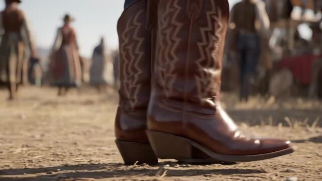 Closeup of brown leather cowboy boots with detailed stitching walking on dusty ground with blurred people in the background