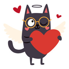 A cute cat cupid with wings in a sweater is holding a heart. Flat vector illustration on the theme of Valentine's Day. Vector illustration
