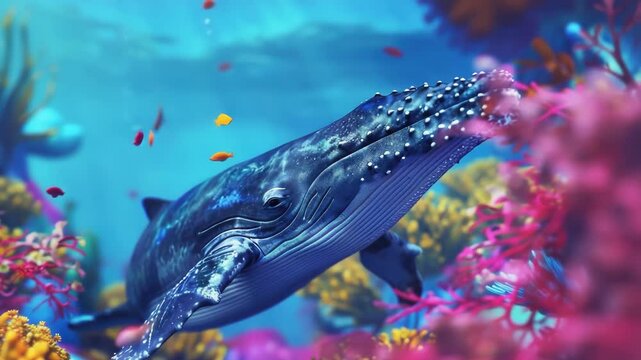 A blue whale swimming gracefully through a coral reef full of colorful fish and sea creatures. Vibrant marine life in a tropical ocean setting.