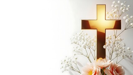 Fototapeta premium Golden christian cross with white floral arrangement on white background