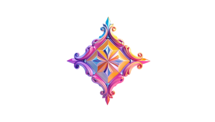 Colorful, ornate, four-pointed design on a stark black background