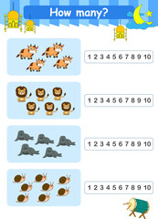 Obraz premium Counting game of wild animals for preschool kids. Printable. Vector Illustration