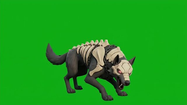 Animated Skeletal Wolf Walking and Growling on Green Screen.