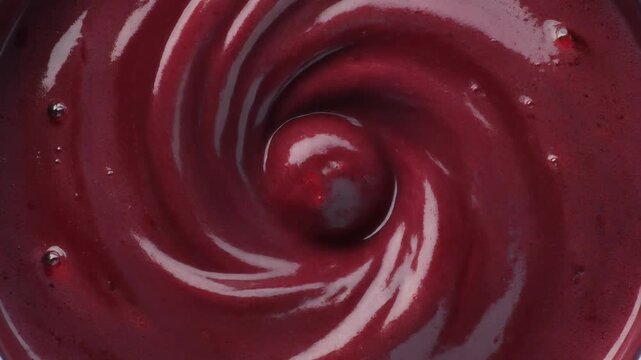 Rich maroon swirl texture abstract close-up of creamy acai smoothie or berry puree creating a viscous spiral pattern