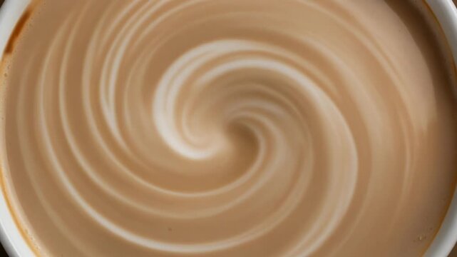 Macro view of creamy coffee swirl surface creating an abstract spiral pattern of warm brown and white liquid