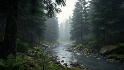 Misty forest river flowing through dense dark trees, creating a mysterious and moody atmosphere that represents wilderness, calmness, and untouched natural habitat.