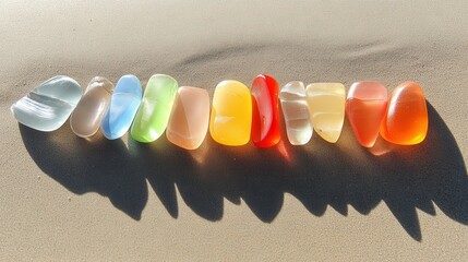 A collection of smooth colorful sea glass fragments resting on a sandy beach with gentle shadows