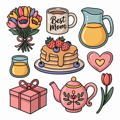Mothers day breakfast and gift ideas featuring pancakes, flowers, best mom mug, teapot, and a heart shaped gift.