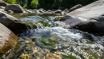 Close-up of crystal clear water flowing over mossy rocks in a mountain stream
