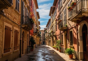 Narrow cobblestone street lined with colorful old buildings in italy on a sunny day
