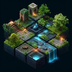 Isometric fantasy landscape with overgrown stone ruins, a glowing blue magical fountain, flowing water, waterfalls, and lush vegetation, illuminated by ambient light.