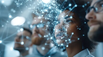 A diverse team brainstorming collaboratively around a touchscreen display.