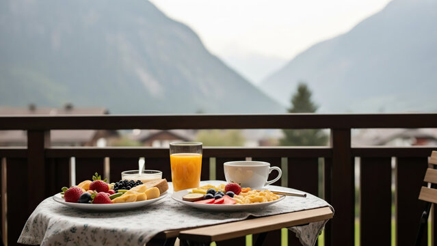 Breakfast table with coffee, juice, and fruit overlooking mountains  