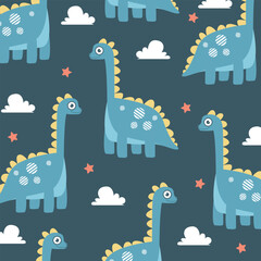 blue yellow brontosaurus dinosaur cute cartoon seamless pattern vector design for kids apparel fullprint fabric © Rizki