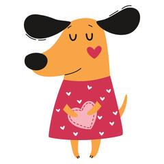 Cute dog in a dress holding a heart, flat vector illustration on the theme of Valentine's Day. Vector illustration
