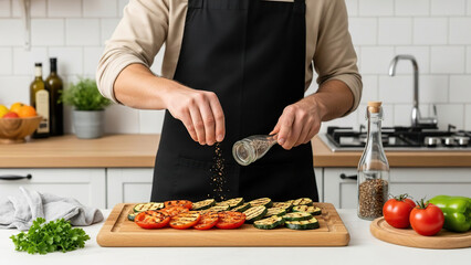 Man preparing vegetables on wooden cutting board in modern kitchen  