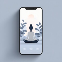 Digital meditation app on smartphone with stylized person in lotus pose surrounded by a serene landscape.