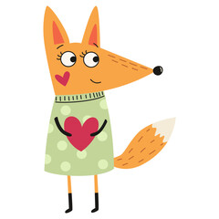 A cute fox in a sweater holding a heart, flat vector illustration on the theme of Valentine's Day. Vector illustration