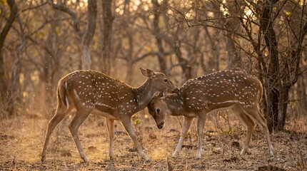 Two Chital Deer Nuzzling in Golden Forest Light