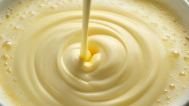 Pouring stream of thick yellow cream or condensed milk creating ripples and swirls