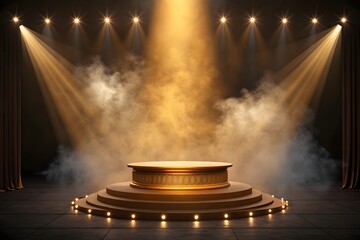 Illuminated Golden Podium on Dramatic Theater Stage with Spotlight Beams