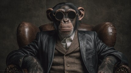 Dapper chimpanzee lounging in a leather armchair, sporting stylish glasses and a suit jacket. An unconventional portrait, blending animalistic charm with human elegance.