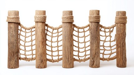 Rustic wooden posts connected by a rope net against a white background, creating a charming nautical or coastal aesthetic. Simple, organic textures convey a serene vibe.