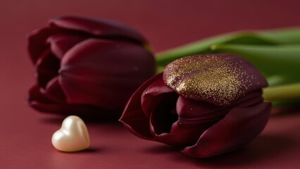 Romantic burgundy tulips with gold accents and heart shaped pearl