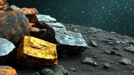A detailed arrangement of polished meteorite fragments on a dark starry extraterrestrial surface