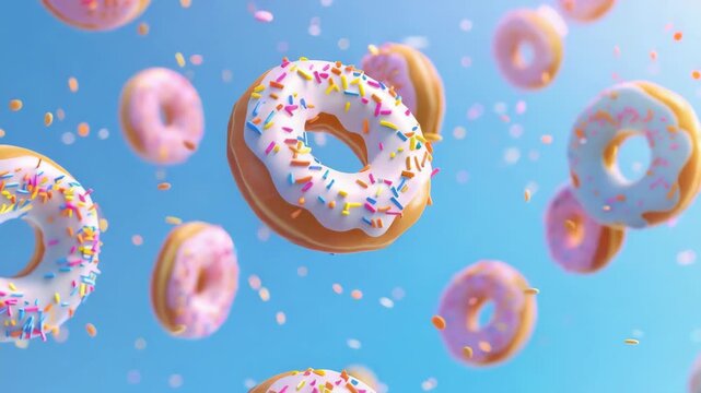 Sugared donuts falling from the sky against a blue sky background.