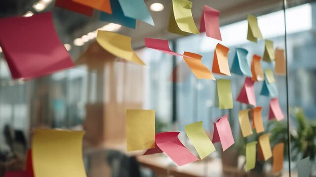 Colorful sticky notes in red, yellow, blue, green, orange stuck on glass window or office wall. Blurred indoor background, vibrant organization tool, creative brainstorming visual