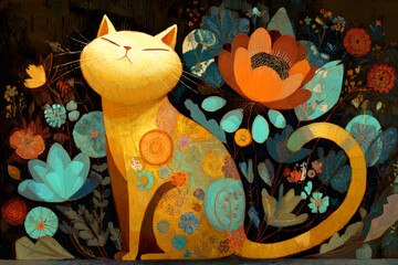 Contemporary art gold cat with flowers, Illustration animal poster, Eclectic style