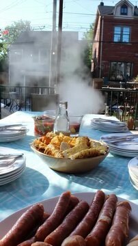 Outdoor summer brunch table with sausages, bread, and grilled corn platter. Labor Day Weekend BBQ Setup.