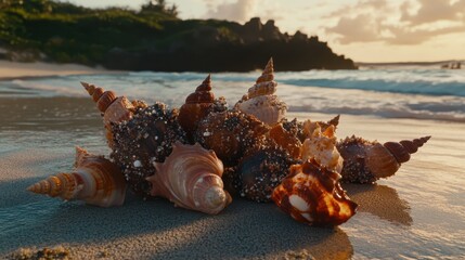 A diverse collection of spiral seashells resting on the sandy beach with the ocean and a lush coastline in the background at sunset