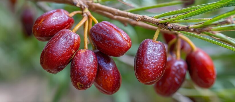 Red berries growing on natural tree branch, banner