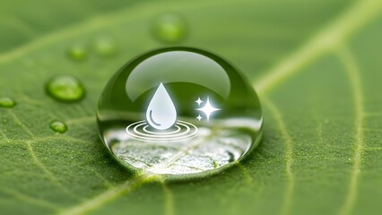 A glistening water droplet resting on a vibrant green leaf reflecting a serene natural landscape