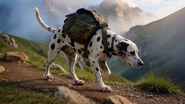 Dalmatian Dog with Backpack Hiking on a Mountain Trail with Scenic Views.