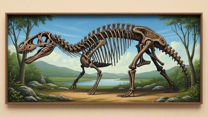 Framed illustration of an allosaurus skeleton against a vibrant prehistoric landscape with mountains