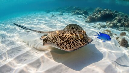 Graceful spotted ray gliding over the sandy seabed in a sun-drenched shallow ocean environment