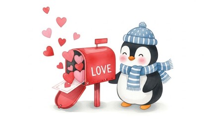 Adorable penguin sending love letters on Valentine's Day