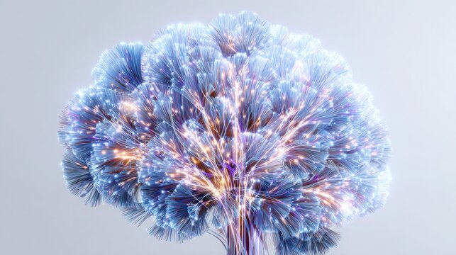 Abstract AI brain visualized as a blooming neon flower, glowing connections forming petals, soft white background, creative fusion of nature