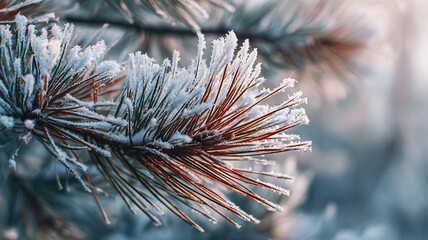 Close-up of a frosty pine branch in the winter morning light