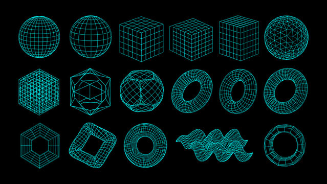 Collection of 3D wireframe geometric shapes on black background.