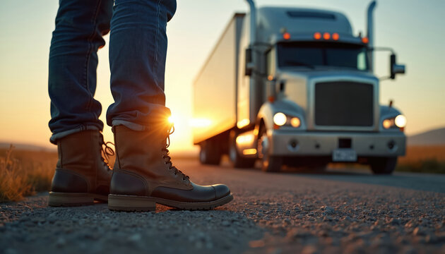 Truck driver stands on rural road. Semi truck parked at sunset time. Person wearing work boots, jeans at countryside. Trucking transport industry concept. Cargo transportation, freight service