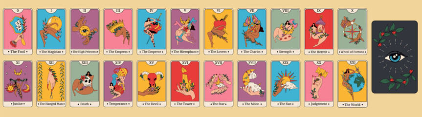 Fototapeta premium Vibrant Tarot Card Deck Featuring Bold Designs