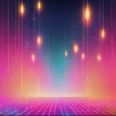 Retro Futuristic Glowing Light Streaks Over Colorful Grid Floor｜レトロフューチャーな光のラインとカラフルなグリッド床
