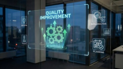 Quality Improvement Hologram with Gears and Up Arrows on Glass Screen in Modern Office