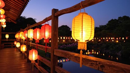 Lanterns on a wooden deck at dusk with a serene garden background, perfect for a festive or cultural event promotion