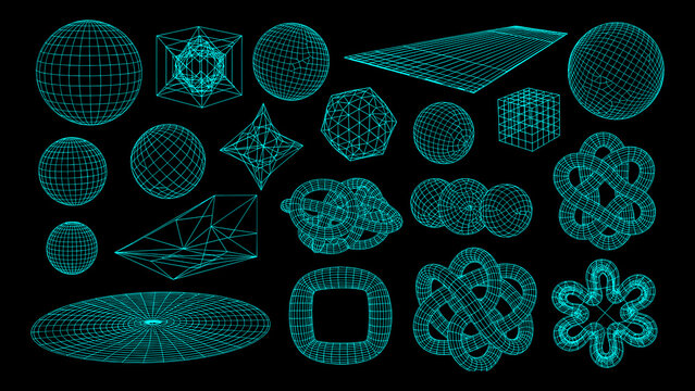 Collection of 3D wireframe geometric shapes in teal on black background.